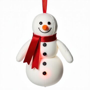 Plush snowman ornament with smart touchactivated led scarf, smiling face, faux carrot nose, button eyes and red ribbon on white background