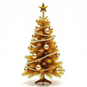 Golden artificial christmas tree decorated with metallic baubles, pearl bead garlands, and ribbon topper on white background