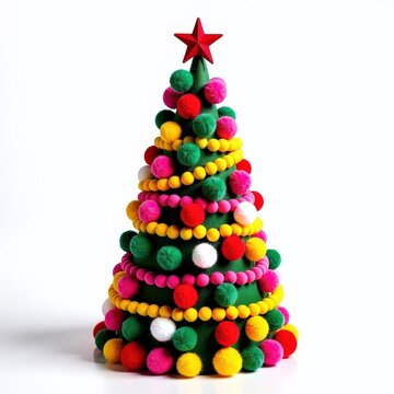 Creative christmas tree with colorful pompoms, felt garlands, and diy star topper for community competition on white background