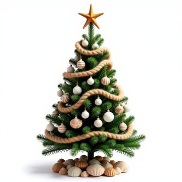 Seasideinspired christmas tree decorated with seashell ornaments, starfish topper, and nautical rope garland on white background