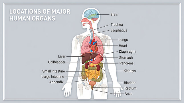 Locations of major human organs diagram showing internal anatomy of the body on gray background