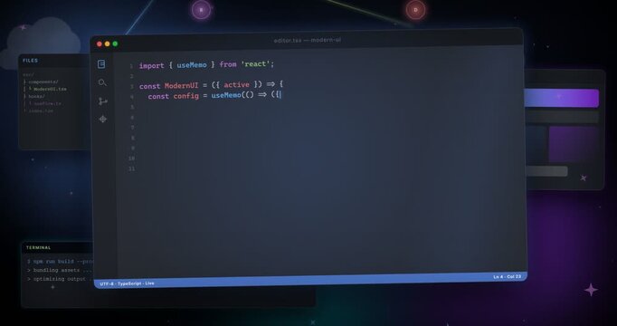 Modern software development environment showcasing clean source code displayed on a professional dark interface with abstract digital networking elements for programming and web application projects