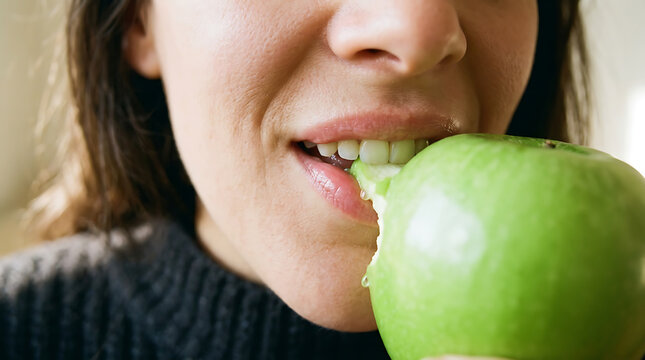 Woman biting into a fresh green apple showing white teeth in a close up portrait shot