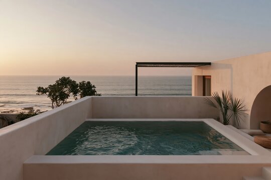 Aquamarine plunge pool beside cream stucco terrace overlooking hazy sea horizon
