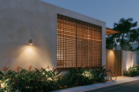 Tropical modern house with glowing terracotta breeze block screen at blue hour
