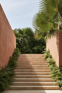 Travertine garden staircase framed by palms and terracotta plaster walls outdoors