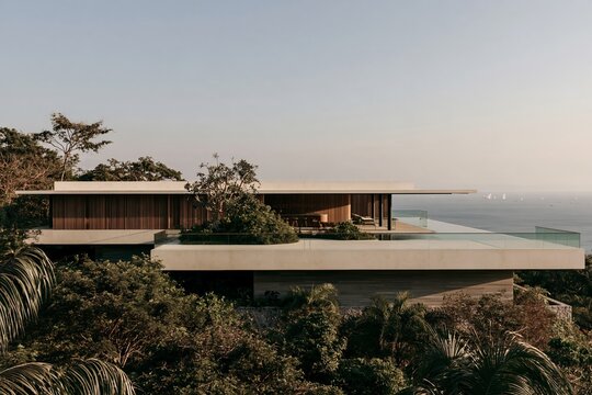 Modern seaside architecture with layered concrete terraces overlooking tropical ocean hillside