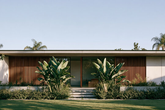 Tropical modern house with flat roof, glass walls and teak screens in landscaped garden