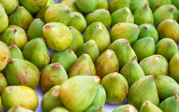 Fresh green fig harvest background. Organic sweet fruit market pile