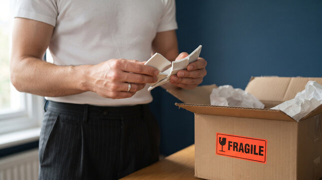 Man holding broken item from damaged delivery box labeled fragile
