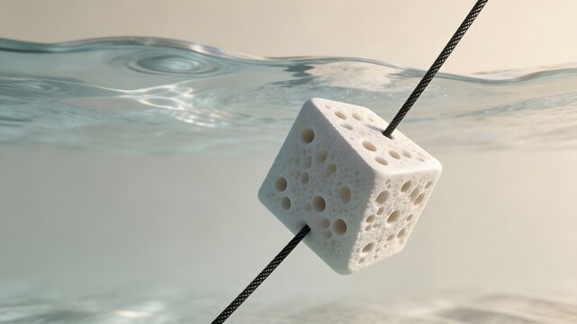 3D Underwater White Geometric Float Restrained by Carbon Thread