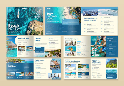 Travel Agency Brochure Template, Landscape Tourism & Holiday Guide, Vacation Catalog and Travel Marketing Booklet