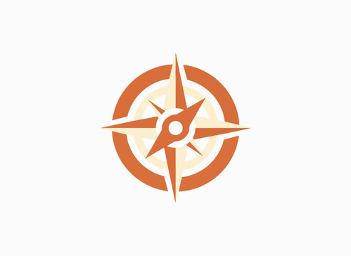 Geometric compass rose logo in terracotta orange tones.