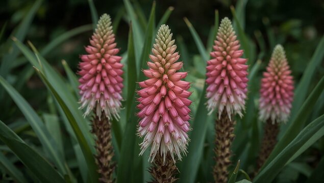 Close-up of pink and white torch lily (Kniphofia) flowers blooming in a garden with green foliage.