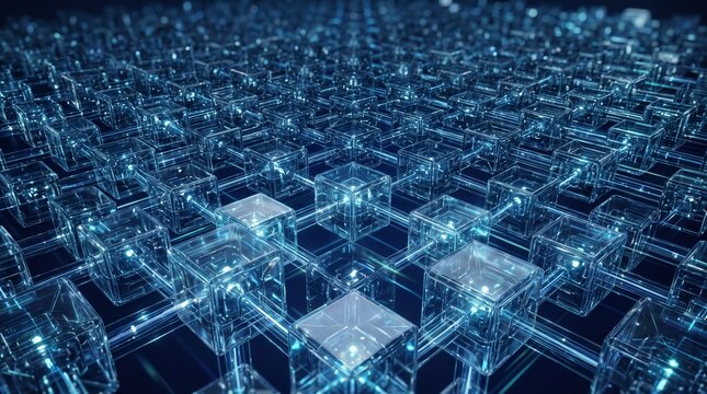 Futuristic glass cubes connected by glowing light lines in a dense 3D grid on dark blue background