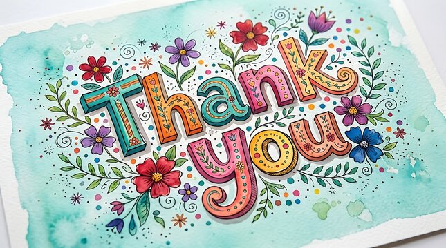 Colorful hand painted thank you card with floral watercolor background and decorative lettering design