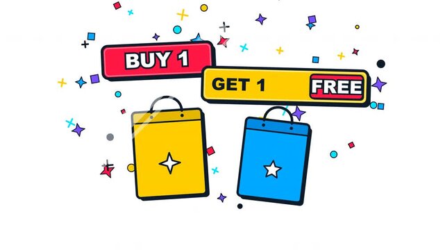 Buy one get one free retail offer with colorful bags and confetti