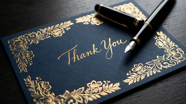Elegant thank you card with gold foil design and fountain pen resting on dark decorative paper