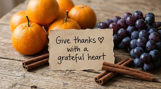 Grateful Thanksgiving Message Featuring Fresh Oranges Grapes Cinnamon Sticks On Rustic Wooden Surface
