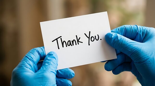 Gratitude expressed with thank you note held by gloved hands in outdoor natural setting