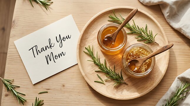 Thank You Mom Gift Idea Featuring Honey Jars With Wooden Spoons And Rosemary Sprigs On Wooden Tray