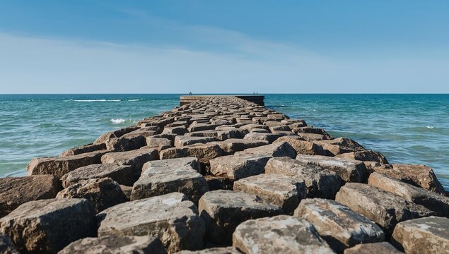 A rustic stone breakwater jetty stretches into a turquoise sea under a clear blue sky.
