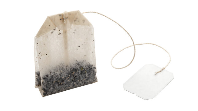 Single Tea Bag with Blank Tag and String Isolated on White Background