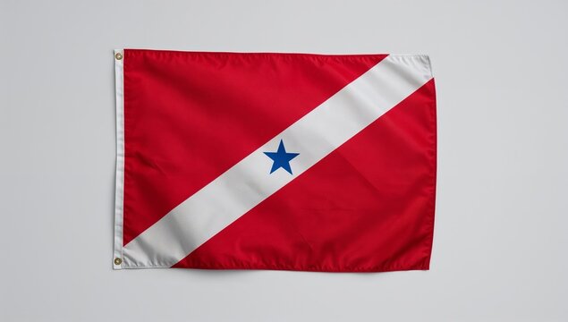 A realistic cloth texture of a red flag featuring a white diagonal stripe and a central blue star on a plain background.