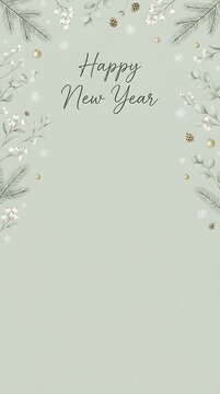 Happy new year greeting card template with hand drawn pine branches and subtle decorative elements for a festive winter holiday celebration design