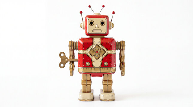 Vintage tin wind-up toy robot in red and gold, isolated on white background