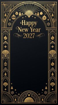 Happy new year elegant greeting card frame with golden calligraphy text decorations poinsettia flowers and festive holiday ornaments on light background