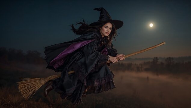 A woman dressed as a witch flies on a broomstick over a foggy field under a full moon at night.