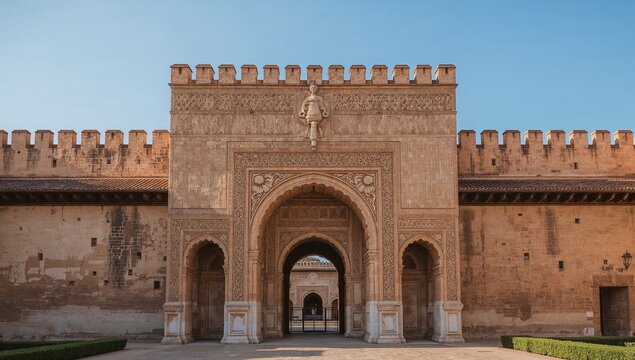 An ornate stone archway featuring intricate Moorish-style carvings and a crenelated wall under a clear blue sky.