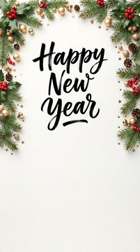 Happy new year greeting card with black calligraphy text surrounded by decorative pine branches with red berries and christmas ornaments for holidays