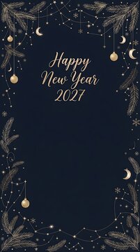 Happy new year 2027 greeting card with elegant pine branches and hanging golden festive ornaments on a dark background for holiday celebration design