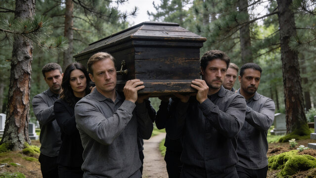 Group of solemn pallbearers carrying wooden casket on their shoulders along a mossy woodland trail in an eco-friendly cemetery.