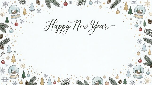 Happy new year greeting card template with hand drawn christmas tree elements and snow globe illustrations forming a decorative winter border frame