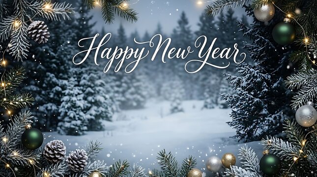 Happy new year greeting card with elegant cursive text frame of pine tree branches and glowing christmas ornaments in a snowy winter forest landscape