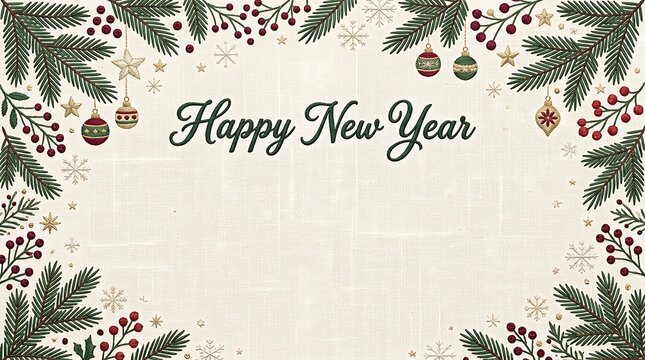 Happy new year greeting card with pine branches and christmas balls decoration frame