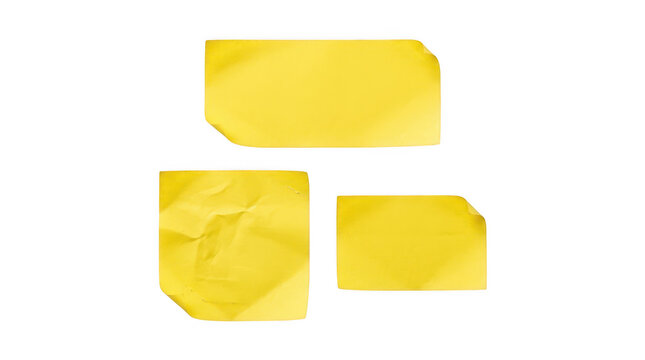 Yellow sticky notes collection, crumpled paper memos and reminder pads, office stationery supply isolated on Transparent Background