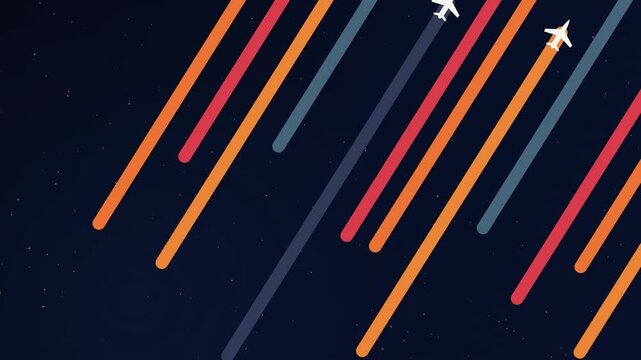 Minimalist modern 2D flat vector animation of multiple white airplanes flying in diagonal formation leaving coral red, warm orange, and slate blue flight trails across a starry midnight navy sky in a
