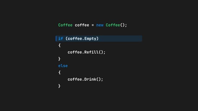 Minimalist dark code editor terminal displaying Coffee programmer C# code with typewriter typing animation, syntax highlighting, if-condition check, and refill drink alternation in a seamless 10-secon