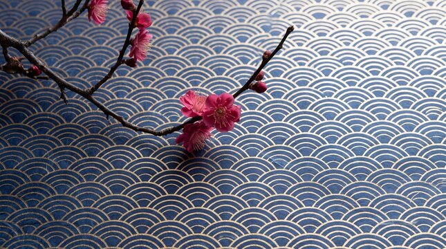 紺色の青海波模様の和紙背景と梅の花 和柄 2027年 年賀状 お正月 コピースペース