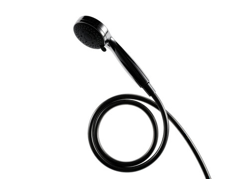 Chrome handheld shower head with flexible hose isolated on black background, capturing a sleek modern bathroom fixture for home renovation projects and sanitary ware product marketing.