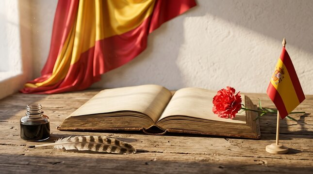 Open vintage book with feather quill inkwell and spanish flag