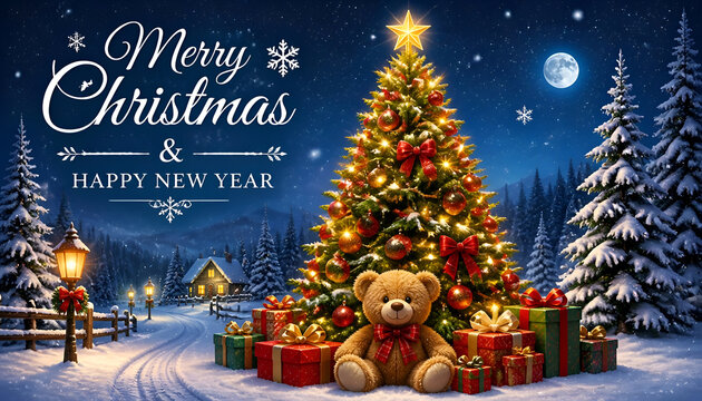 Snowy winter landscape with glowing christmas tree and shooting star on starry night background