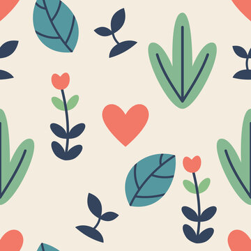 seamless pattern with Flat Botanical Hearts and Flowers Background, suitable for wallpaper, textile or packaging design