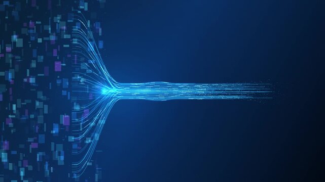 Abstract digital data stream converging into a single beam of light representing information processing and high speed connectivity
