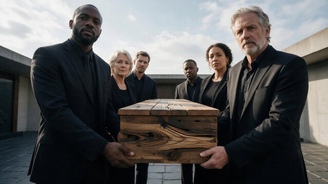 Diverse solemn team of pallbearers carrying wooden casket made of raw timber, looking directly ahead during a modern outdoor funeral service.