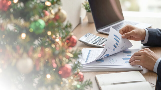 Businessman reviewing year end financial report with charts near Christmas tree